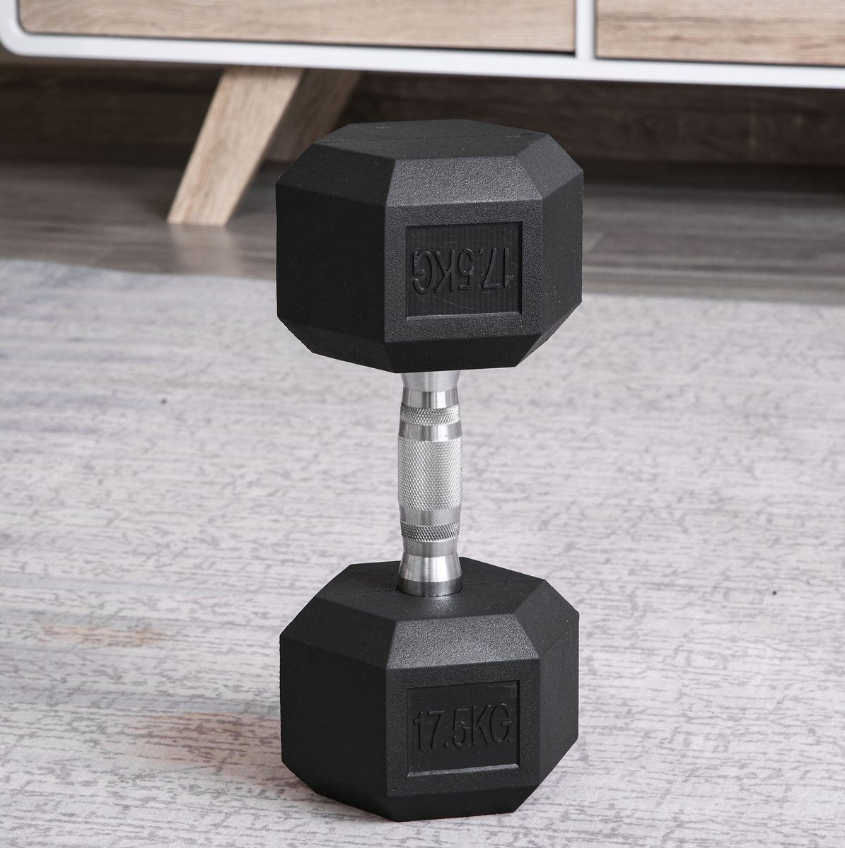 MEUNIQ Hexagon halter 17,5 kg zwart, rubber en gietijzer, antislip handgreep met karteling, vaste dumbbell voor krachttraining thuis, sportschool of kantoor