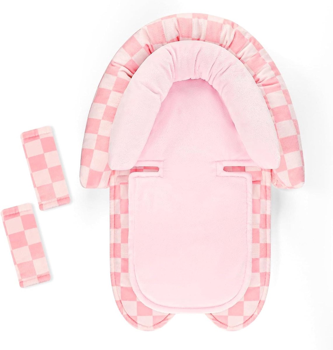 Baby Autostoel Hoofdsteun - Babykussen Kinderzitje - Comfortabel Reizen - Universeel Ontwerp - 399 g - Roze Geruit