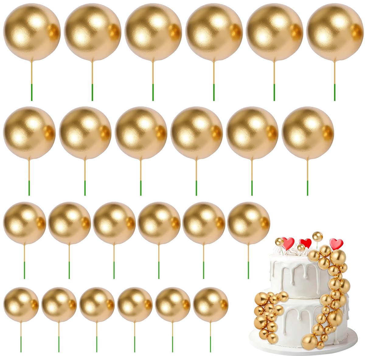 Taarttoppers, 24 stuks toppers, schuimballen, taartdecoratie, verjaardag, schuimdecoraties voor cupcakes, verjaardagsfeesten, bruiloften, jubilea, goud