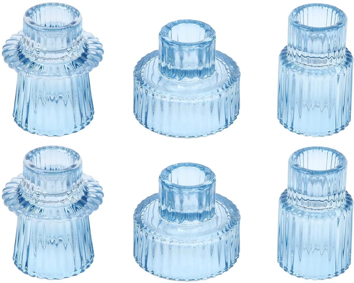 Set van 6 glazen kandelaars, 2-in-1 theelichthouder, transparant, kaarsenstandaard voor staafkaarsen, kleine kaarsenhouder, staafkaars voor bruiloft, tafeldecoratie, eettafel, feest, Kerstmis