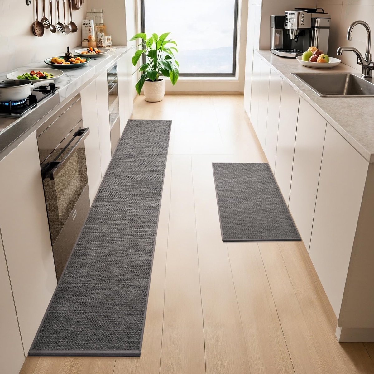 Keukenmat 43x75cm+43x200cm, Set van 2 Anti slip Wasbare Keukentapijten, Comfortabele Absorberende Keukenmat voor Keuken, Woonkamer, Kantoor, Grijs