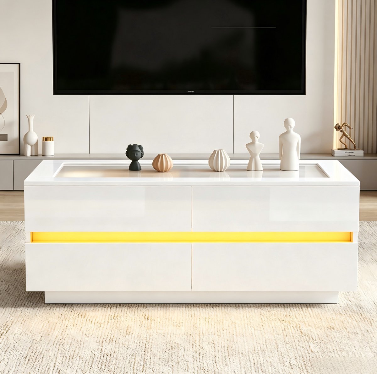 MIVRAY Salontafel - Witte Koffietafel Met 4 Lades En LED-Verlichting - Voor Woonkamer - Spaanplaat En Glas - 100x50x40 Cm