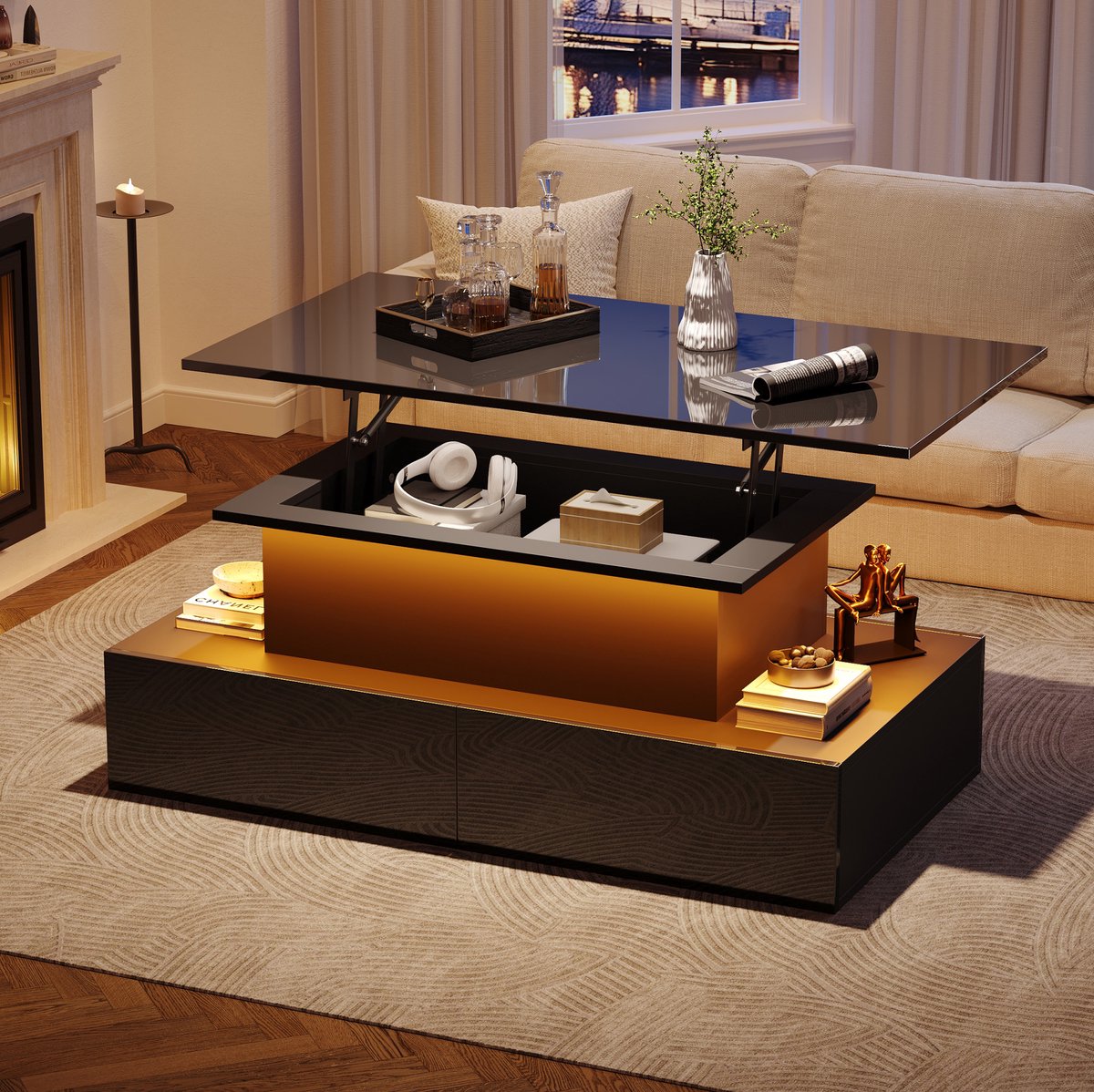 HAUSS SPOLE Salontafel - Hoogglans Met Ledverlichting En 4 Lades - Uitschuifbaar Voor Woonkamer En Leeshoek - Spaanplaat - 90x55x41 Cm - Zwart