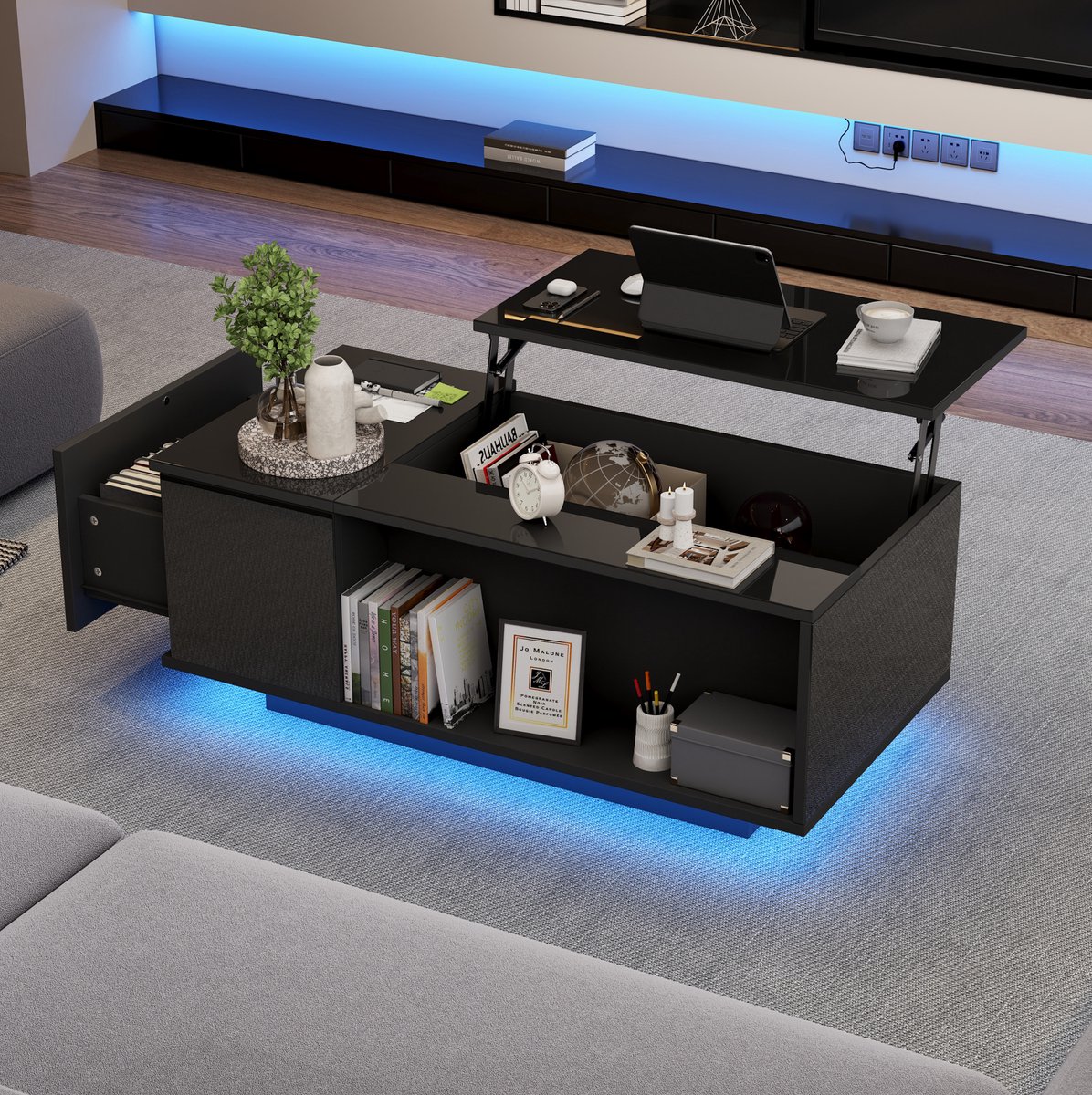 HAUSS SPOLE Salontafel - Hoogteverstelbaar Met Led En Opbergruimte - Voor Woonkamer - Hoogglans Spaanplaat - 100x50x40 Cm - Zwart
