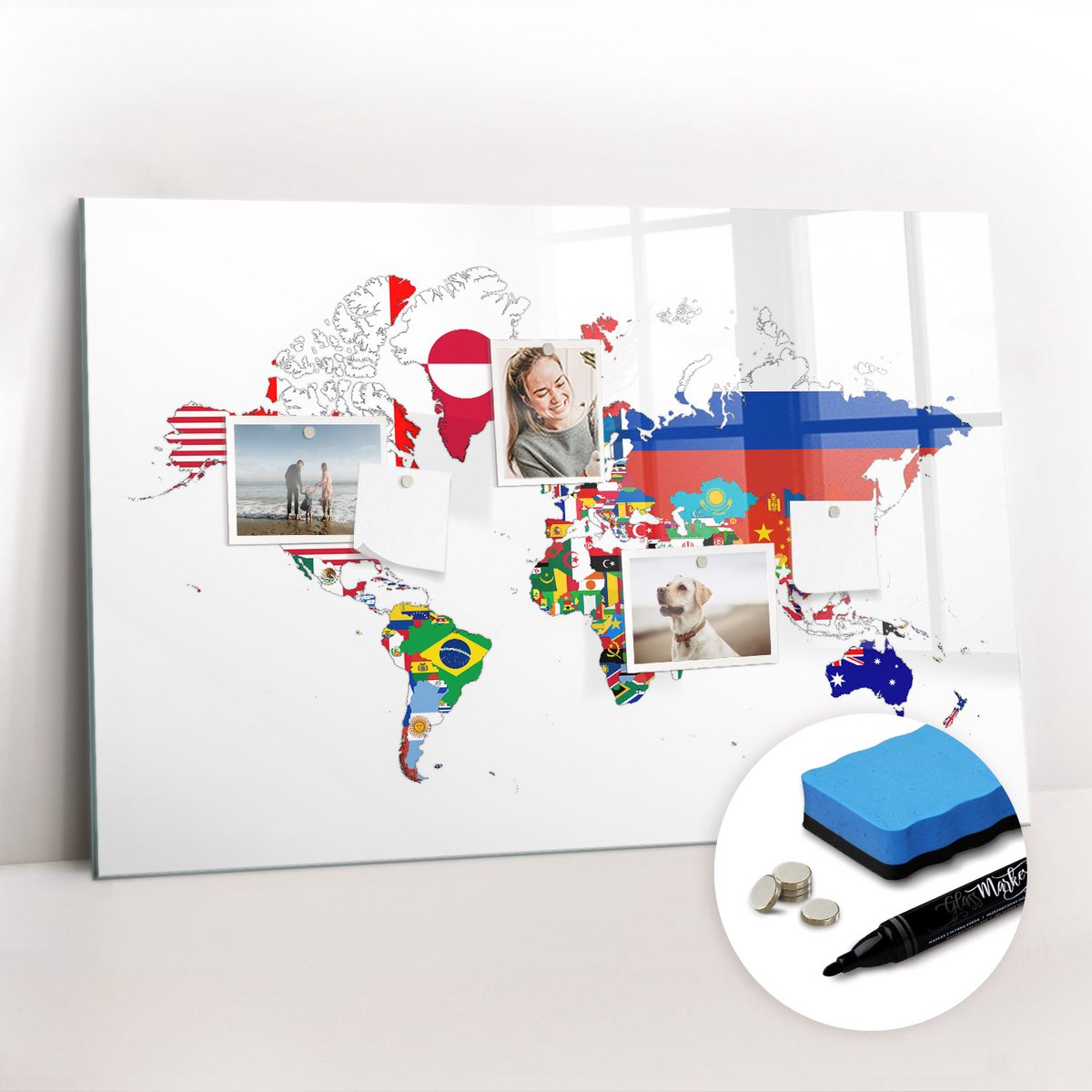 Tulup Whitebord - Kaart van nationale vlaggen - 90 x 60 cm - Wit Memobord Magnetisch - Gratis 5 Sterke Magneten + Whiteboard Marker & Wisser - Interieur Accessoires Kantoor - Magneetbord Design - Planning Muur