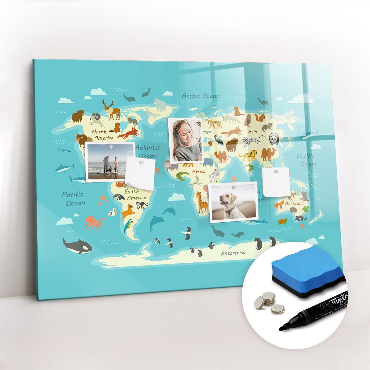 Tulup Whitebord - Educatieve wereldkaart - 100 x 70 cm - Blauw Memo Bord - Inclusief Gratis Magneten & Marker & Spons - Wanddecoratie Kantoor - Memobord Magnetisch - Inspiratiebord Kantoor
