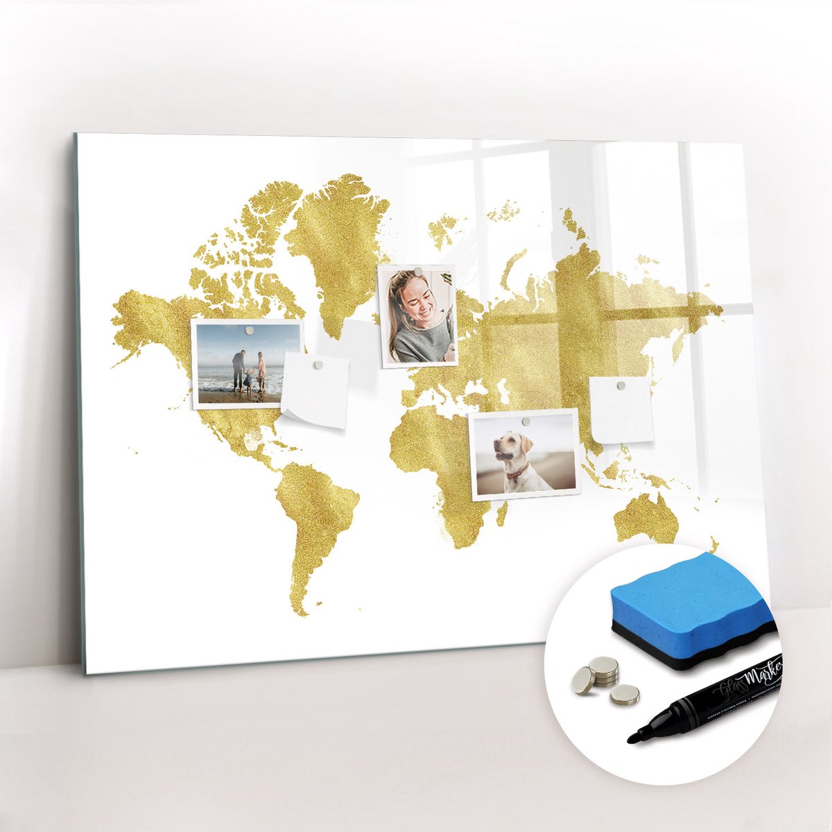 Tulup Whitebord - Gouden wereldkaart - 100 x 70 cm - Geel Magneetbord Rechthoekig - Gratis 5 Sterke Magneten + Whiteboard Marker & Wisser - Wanddecoratie Kantoor - Magneetbord Foto - Ideeënbord Thuiswerkplek