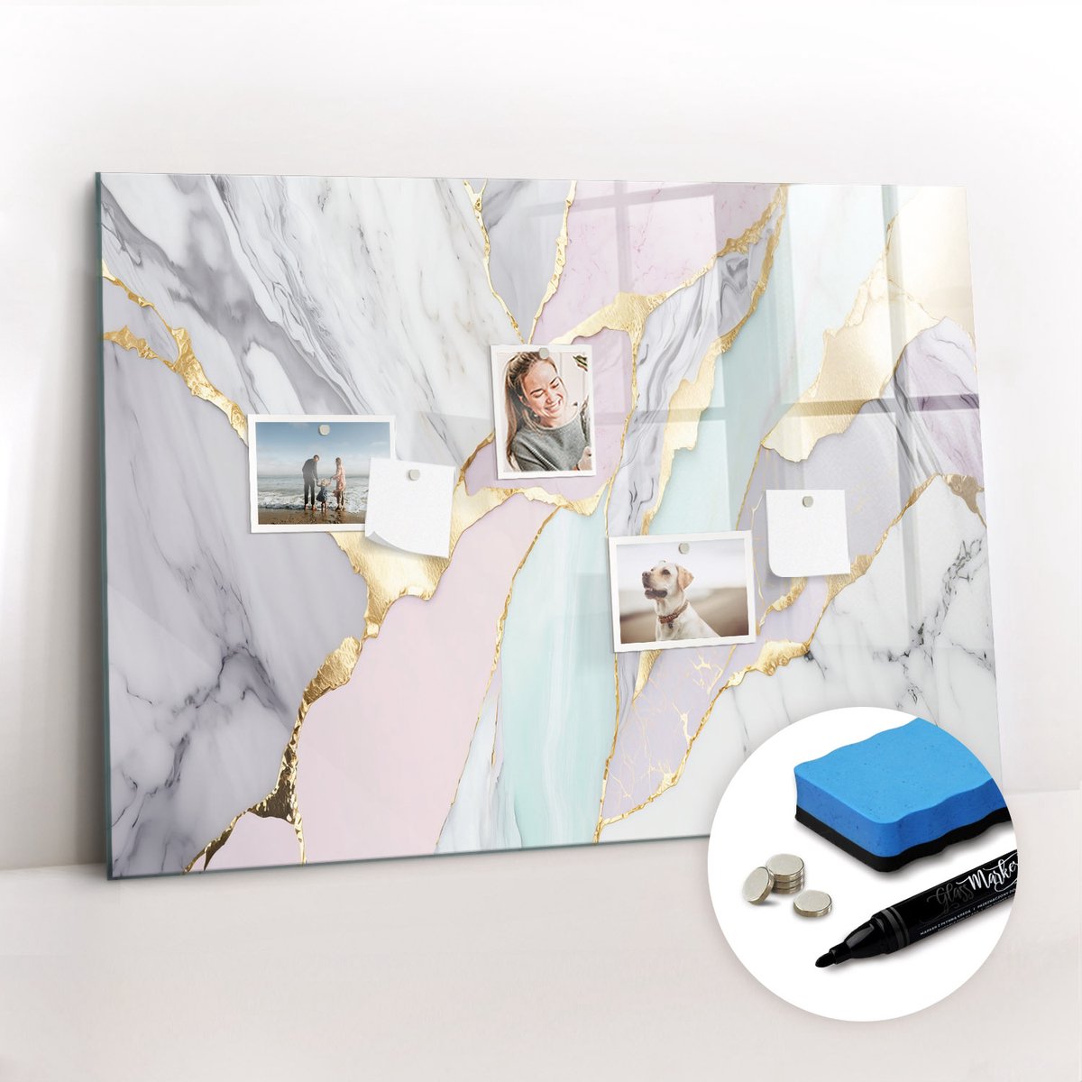 Tulup Whitebord - Marmerpatroon - 100 x 70 cm - Veelkleurig Magneetbord Design - Gratis 5 Sterke Magneten + Whiteboard Marker & Wisser - Stylish Memo Board - Magnetisch Bord Kind - Organiseer Je Bureau