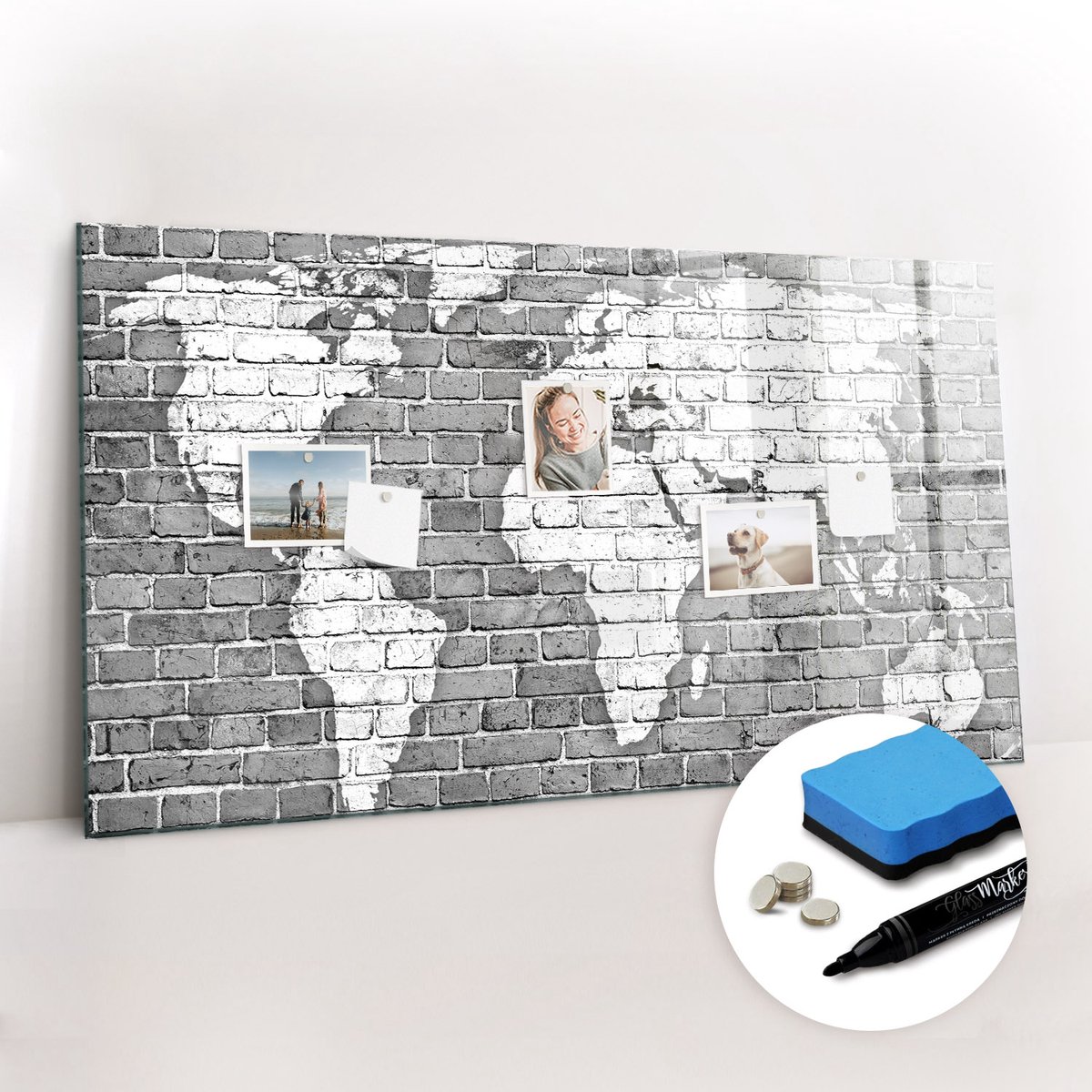 Tulup Whitebord - Wereldkaart op bakstenen - 120 x 60 cm - Zwart-wit Memobord Glas - Gratis 5 Sterke Magneten + Whiteboard Marker & Wisser - Wanddecoratie Kantoor - Memo Bord - Productiviteit Tools