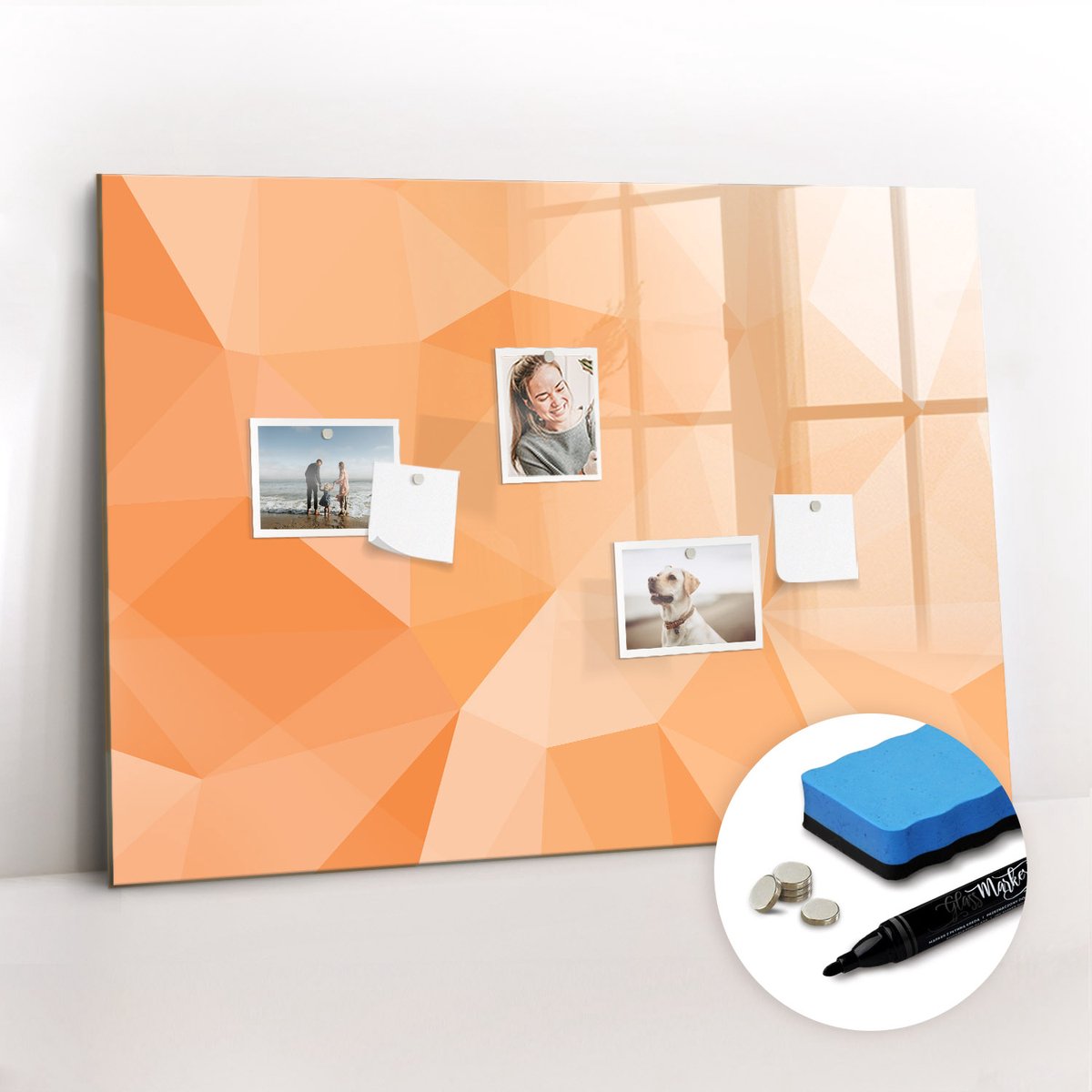 Tulup Whitebord - Abstracte driehoeken - 100 x 70 cm - Oranje Magneetbord Muur - Gratis 5 Sterke Magneten + Whiteboard Marker & Wisser - Industrieel Wandbord - Magneetbord Rechthoekig - Planning Muur