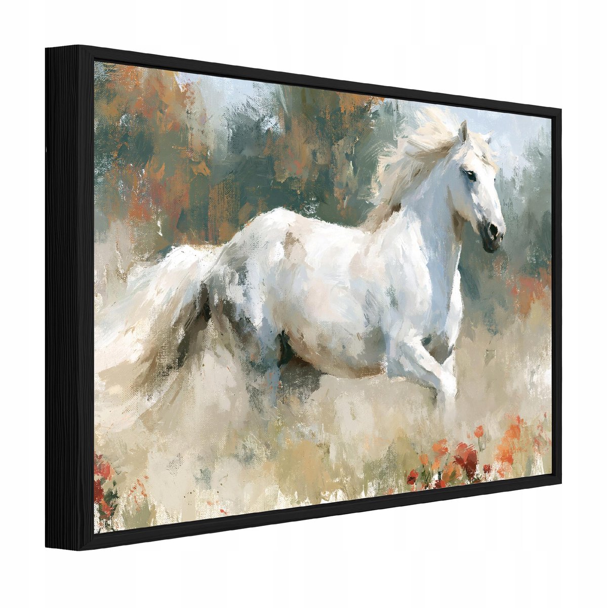 Schilderij op canvas in zwarte lijst - 120x80 cm - wit paard in de weide - wanddecoratie woonkamer en slaapkamer