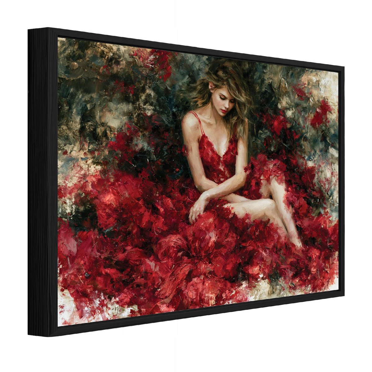 Schilderij op canvas in zwarte lijst - 90x60 cm - vrouw in rood - wanddecoratie woonkamer en slaapkamer