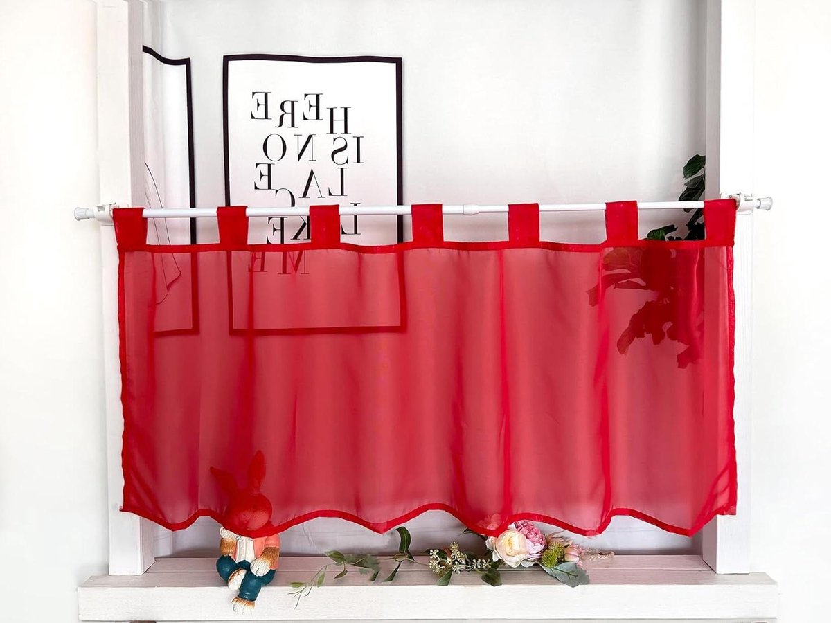 Voile Kort Gordijn - Bistro Gordijn Transparant - Raamdecoratie - Met Lussen - 45 x 60 cm - Rood