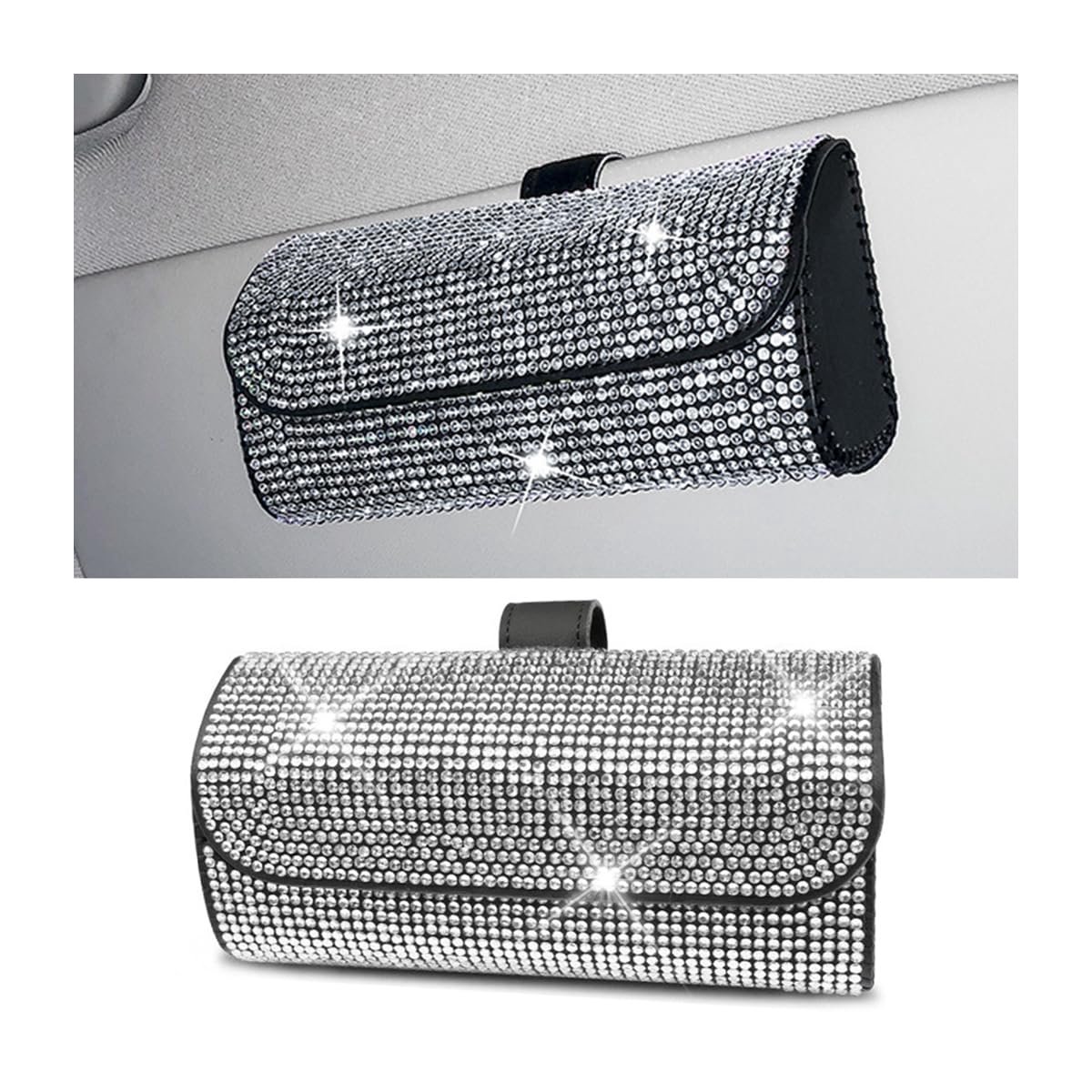 Zonnebrillenetui, kristallen zonnebrillenkoker voor autozonneklep, bling opbergtas voor zonnebril auto, auto-interieuraccessoires (wit)