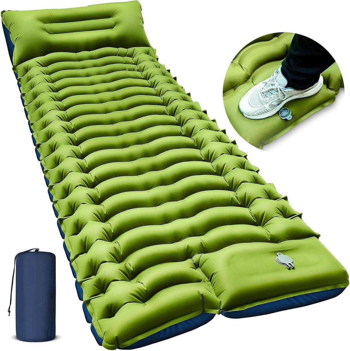 Camping Slaapmat - Opblaasbare Mat - Kamperen en Reizen - Ingebouwde Voetpomp - 198 x 68 cm - Blauw en Groen