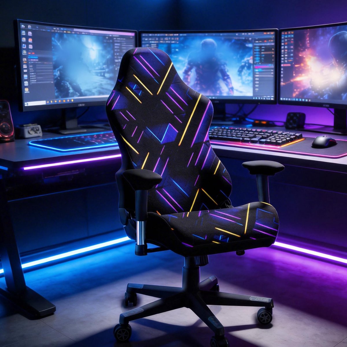 Hoes voor gamingstoel - bedrukte hoes voor gamingstoel, rekbare elastische computerzithoes met armleuning en rugleuning, wasbare zachte stof voor thuiskantoor, studio, speelkamer