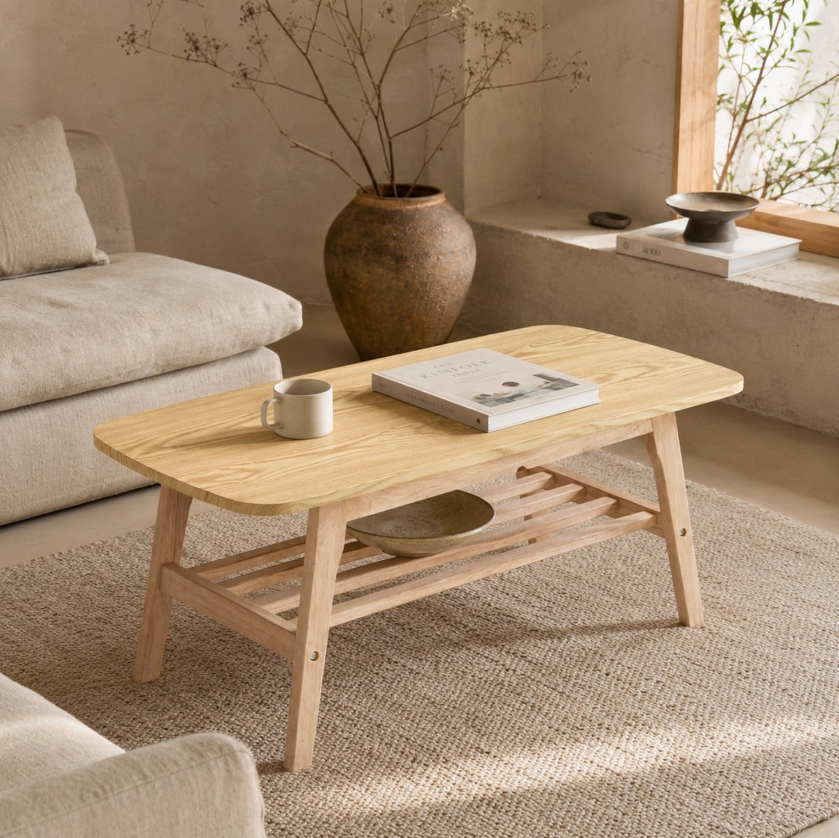 HAUSS SPOLE Salontafel - Dubbel Open Opbergontwerp Voor Woonkamer En Kantoor - Massief Houten Onderstel - 100x48x42,5 Cm - Hout