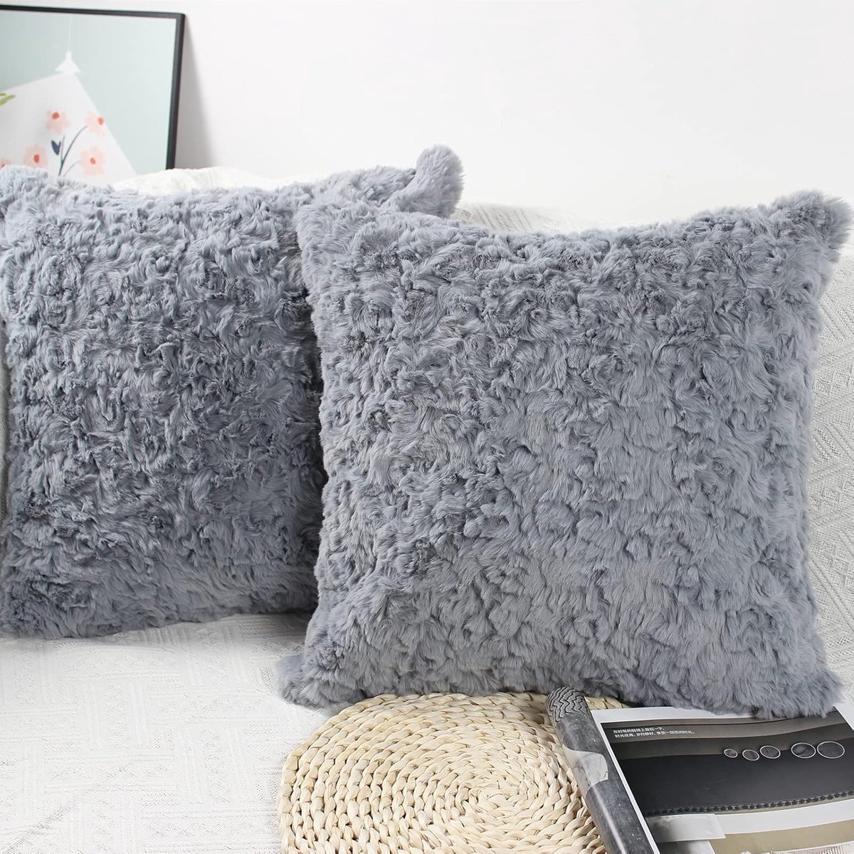 Zachte Pluche Kussenhoes 50 x 50 cm Set Van 2 Grijze Kussenhoezen Bont pluizige Kussenhoes Luxe Decoratieve Kussen Bankkussen Imitatiebont Kussen Voor Bank Woonkamer Slaapkamer