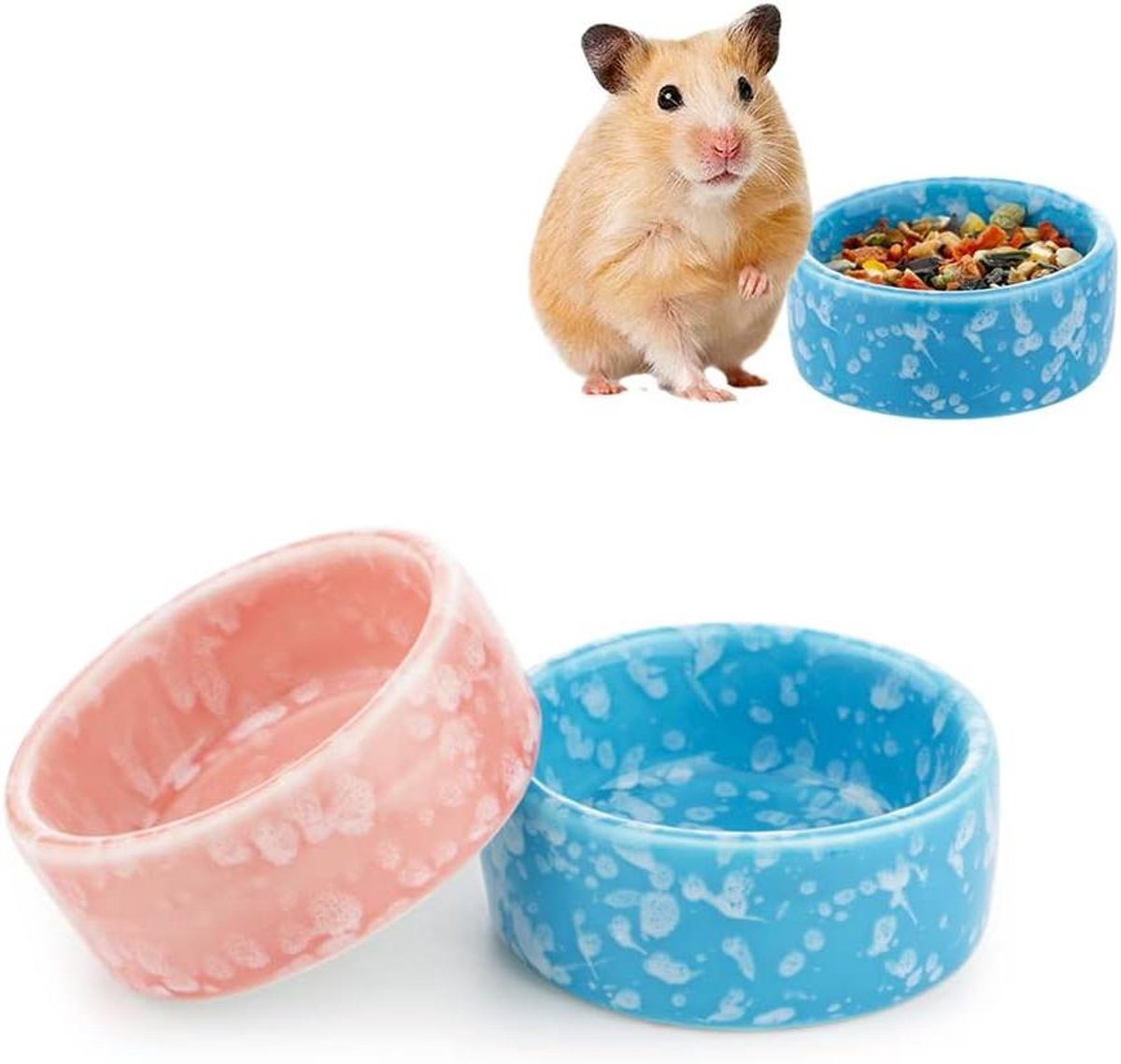 Keramische Voerbakjes - Voerkommen Kleine Dieren - Knaagdieren Voeden - Zwaar en Tipbestendig - 2 stuks 6.5 cm - Blauw Roze