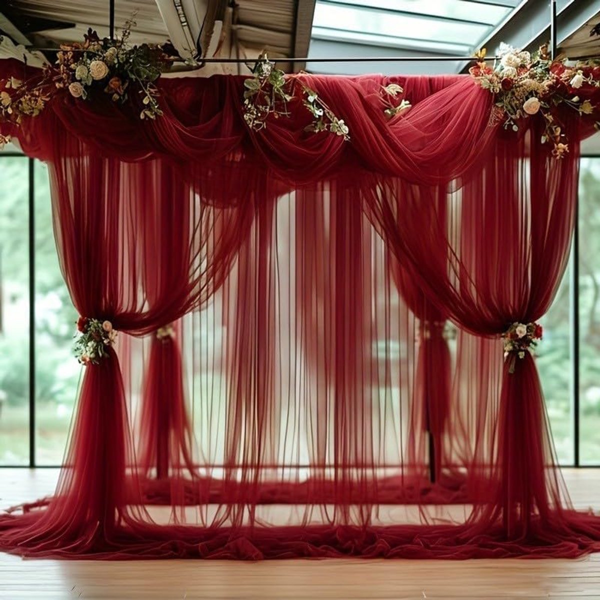 0,75 x 8 m bruiloftsboog wandtapijt, bruiloftsdecoratie voor bruidsboog, voor decoratie, achtergrond, raamgaas, voile, gordijnen, transparant, tule, 1 stuk (bordeauxrood, 0,75 x 8 m)