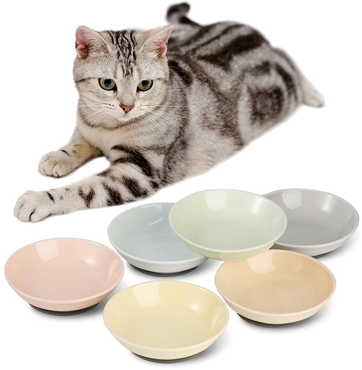 Keramische kattenvoerbakset - kleurrijke voerkommen met antislipmat brede ondiepe snorharvriendelijke borden schattige schotel magnetron vaatwasmachinebestendig 6 stuks 8,5 oz 5,75 inch