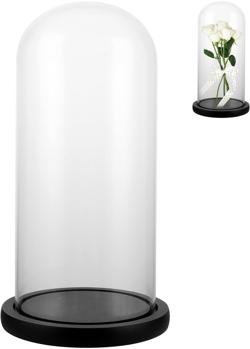 Glazen bel met zwarte houten bodem, 26 cm hoog, glazen koepel en stolp, transparante bel voor verlichting en decoratie