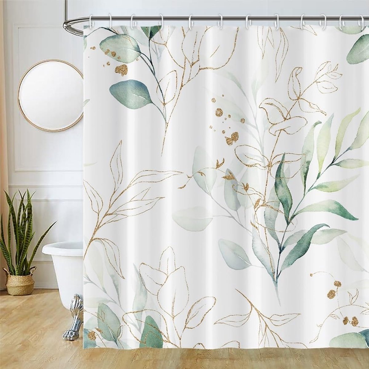 Douchegordijn met eucalyptus, groen gouden bladeren, bloemenmotief, textiel, douchegordijnen, anti-schimmel, waterdicht, polyester stof, wasbaar, ondoorzichtig, badkamergordijn met 12 haken,