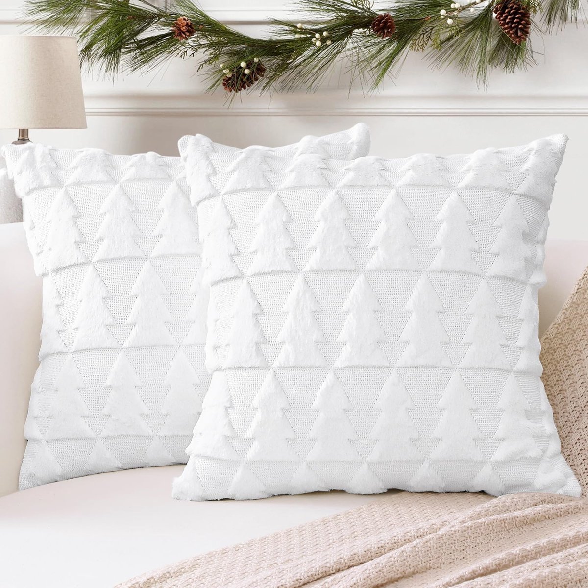 Set van 2 kerst zacht pluche, korte wollen fluwelen decoratieve kussenhoezen 30x30cm, vierkant, luxe stijl kussenhoezen voor bank, slaapkamer, kerstboom, wit