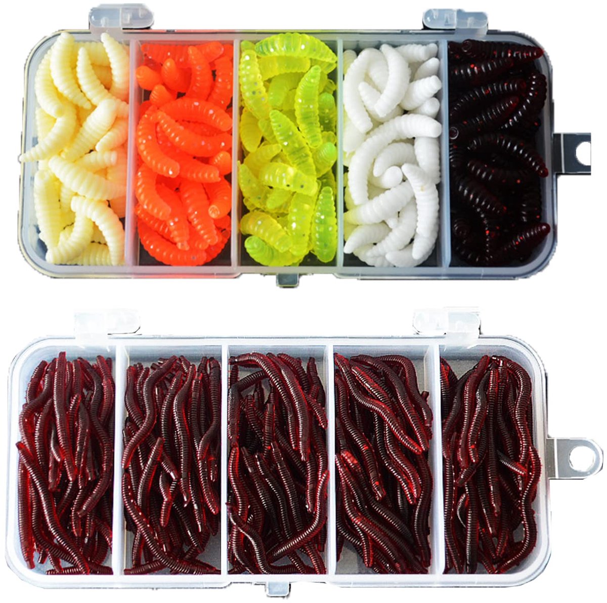 350 stuks kunstaas, wormen, vis, hengelaas, box set, zachte kunststof wormen, kunstmatige regenworm, kunstmatige worm, forelaas, rubberen set voor vissen, 150 meelwormen + 200 kleine regenwormen