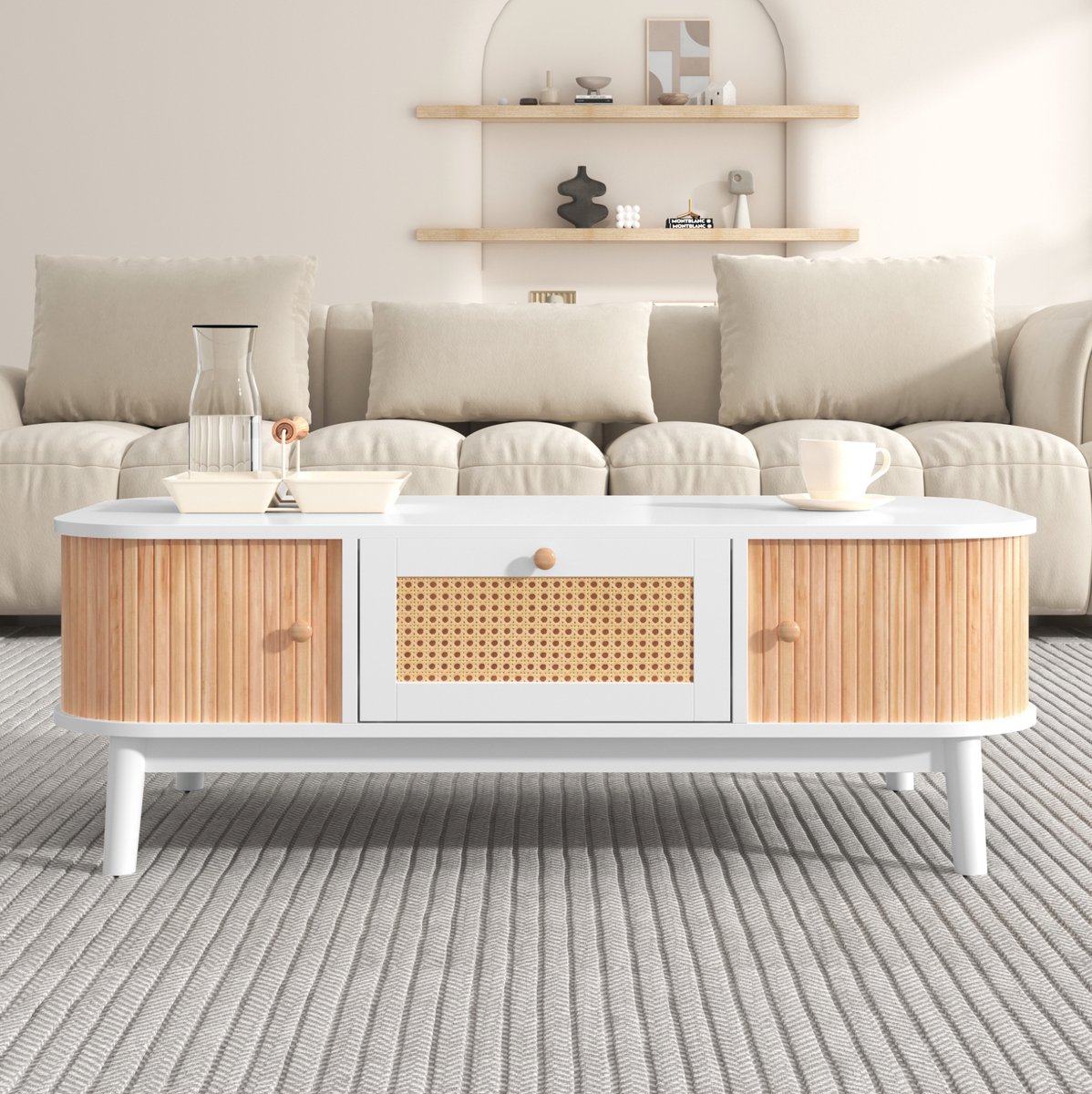 HAUSS SPOLE Salontafel - Met Rotanlade En Houten Deuren - Opbergruimte Voor Woonkamer - MDF En Houtkleur - 110x55x38,5 Cm - Wit