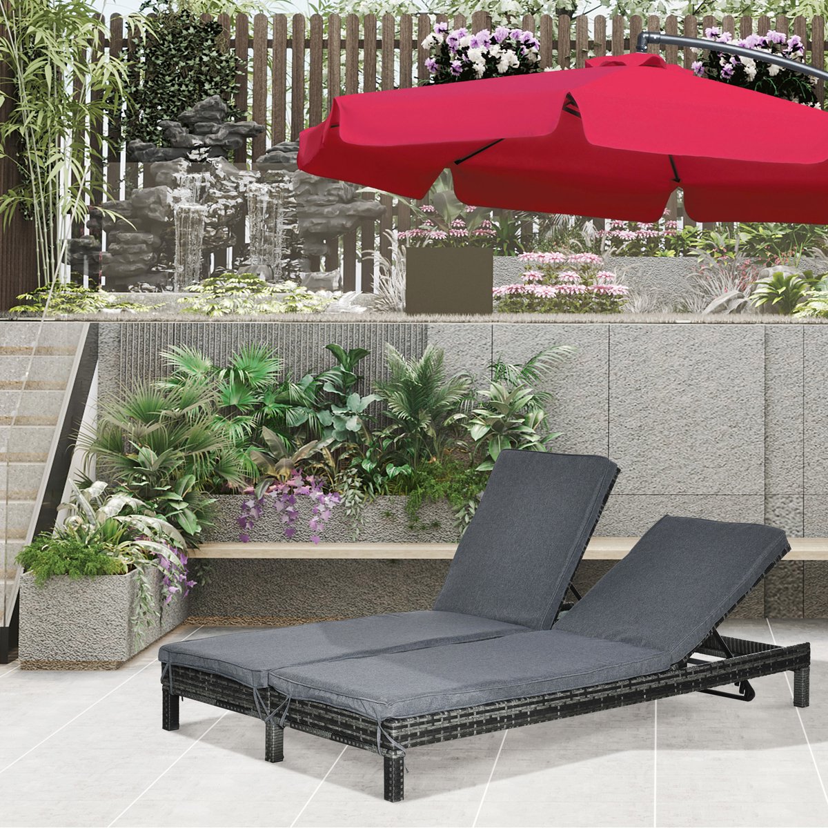 MIVRAY Ligbed 196 x 120 x 28 cm - Verstelbare Rugleuningen Met 5 Standen - Voor Tuin En Terras - Metaal En Rattan - Grijs