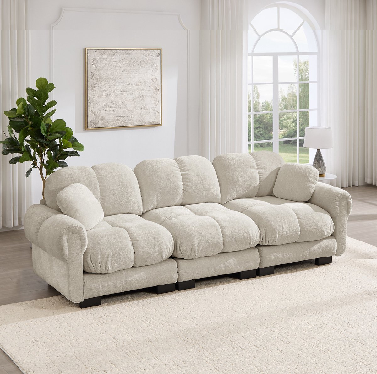 MIVRAY Zitbank 3-Zits - Modulair Cloud Sofa Met Gestikte Zitkussens En 2 Sierkussens - Voor Woonkamer - Chenille Licht Khaki
