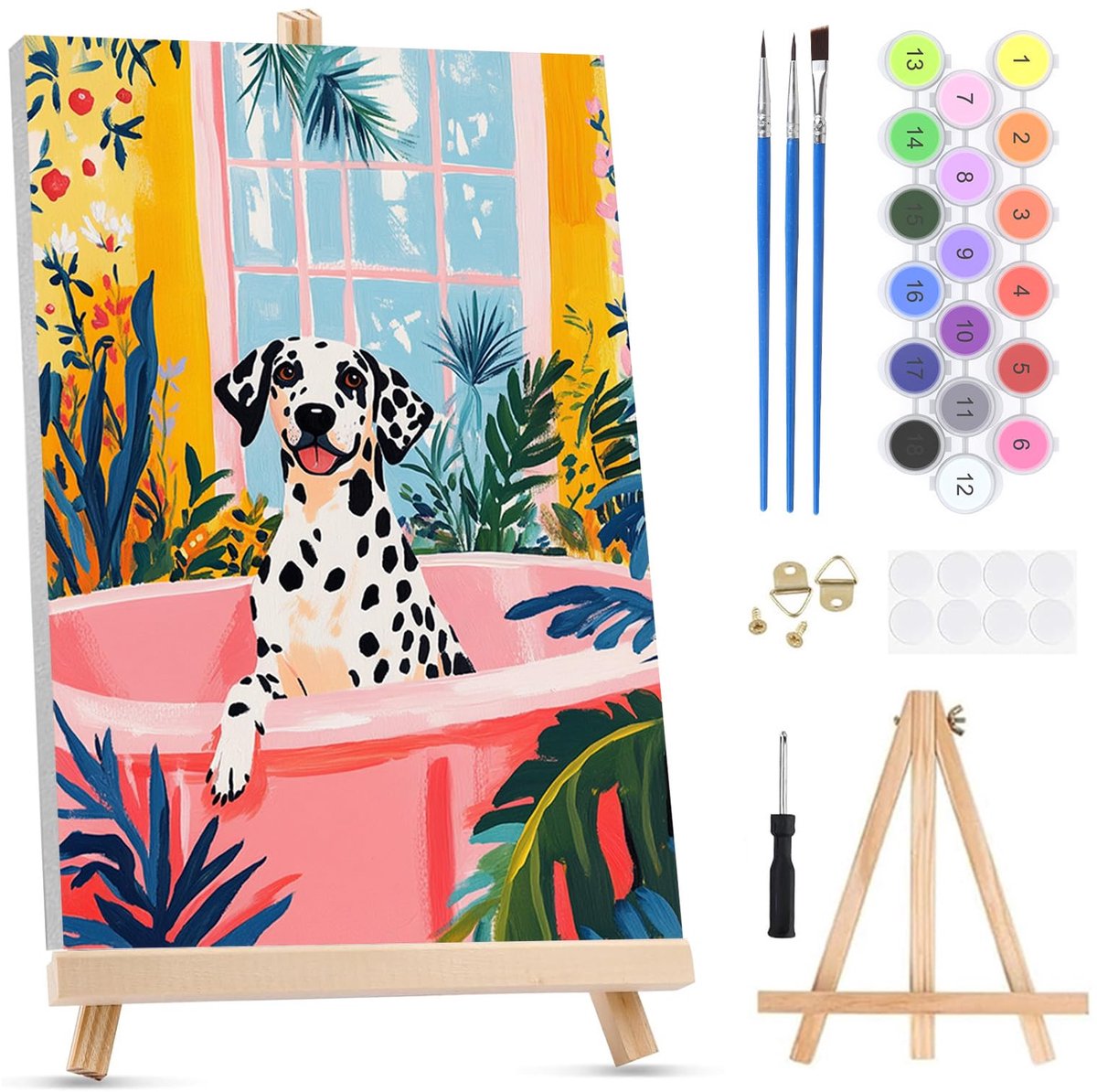 Schilderen op nummer voor volwassenen op ingelijst canvas - met ezel, hond gevlekt verf op nummer kit, badkuip olieverfschilderij acryl voor wanddecoratie huis (20 x 30 cm)