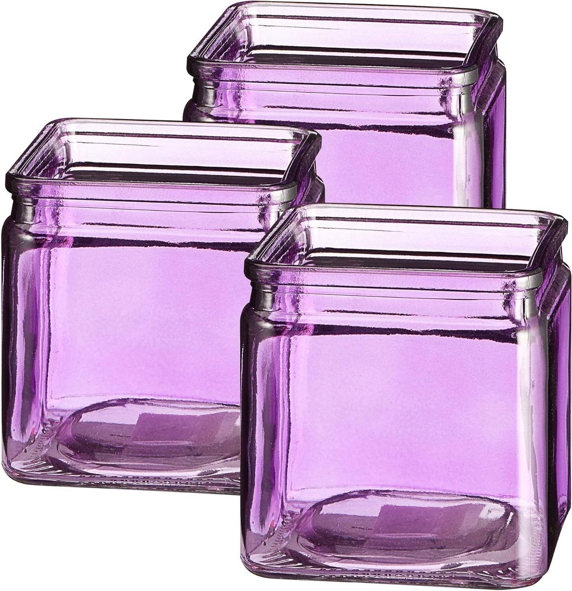 Set windlichten - Sfeerlichten glas - Sfeerverfraaiing huis - Hoekige vorm - 10 cm hoog - Paars