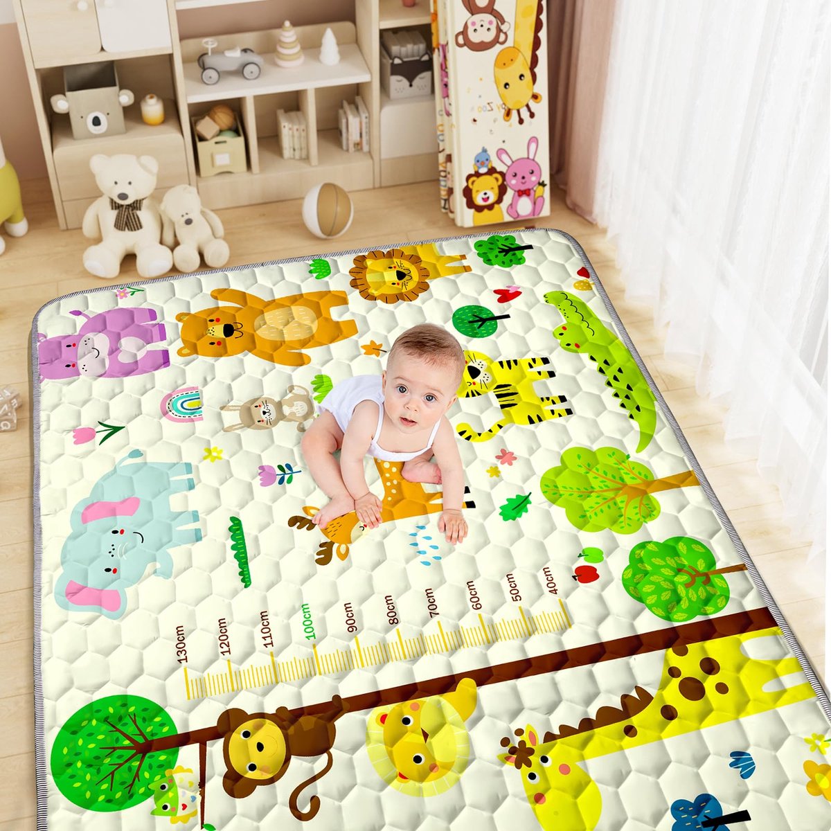Babymat, 150x180 cm, opvouwbaar, antislip, katoen, kruipmat, kindermat voor spelletjes op de vloer, zacht en dik, Dierenliniaal
