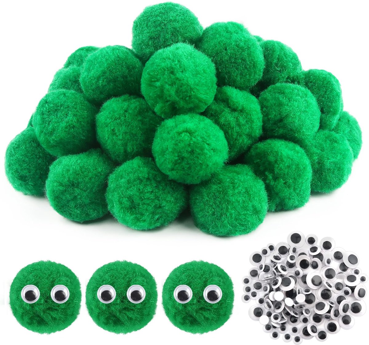 TOAOB 50 stuks Pompons Bal 50 mm Grote Pluizige Pompons Groen Pompoms Ballen en 100 stuks Wiebelogen voor doe-het-zelf Ambachten Decoraties