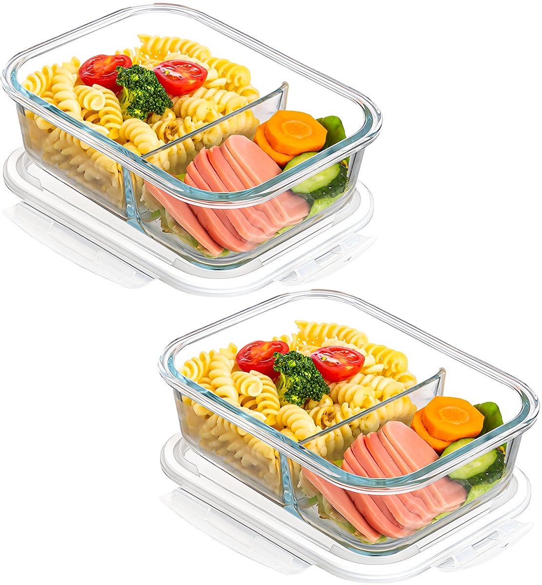 2 stuks glazen maaltijdbereidingsbakken: glazen bewaardoos met deksel met 2 vakken, glazen maaltijdbereidingscontainers 1040 ml, glazen vershouddozen BPA-vrij, luchtdicht, voor vaatwasser