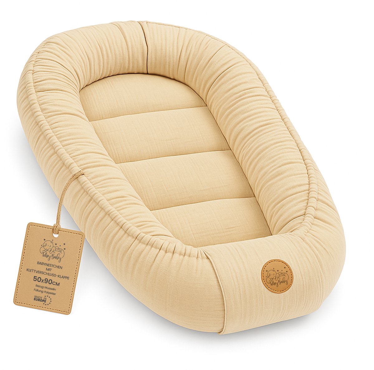 Mousseline Babynestje Bedverkleiner 90x50 cm - Draagbaar Katoen Wieg Pod Co Sleeper Cocoon Ademend Reis Lichtgewicht Moses Uniseks Ideaal voor Jongens Meisjes Lichtbeige