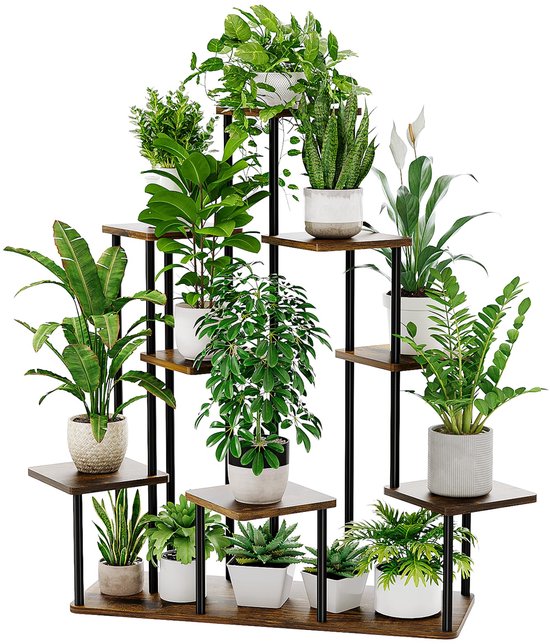 Bamworld Grote Plantenstandaard Binnen 9 Laags Hoge Metalen Plantenplank Voor Meerdere Planten Gelaagde Bloemenstandaard Voor Patio Tuin Balkon Woonkamer Slaapkamer Bruin