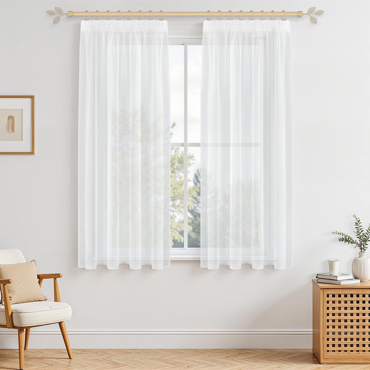Gordijnen voor woonkamer, wit, 2 stuks, transparant organza met verborgen lussen, 140 x 175 cm