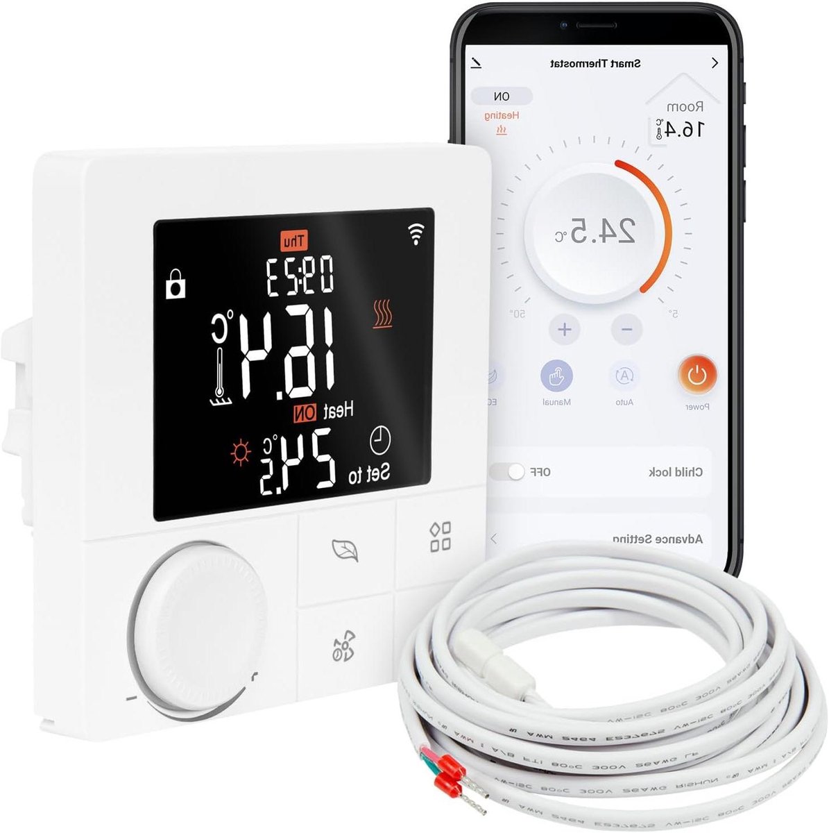 WiFi thermostaat - Slimme regelaar - Temperatuur regelen - App bediening - 86 cm - Wit