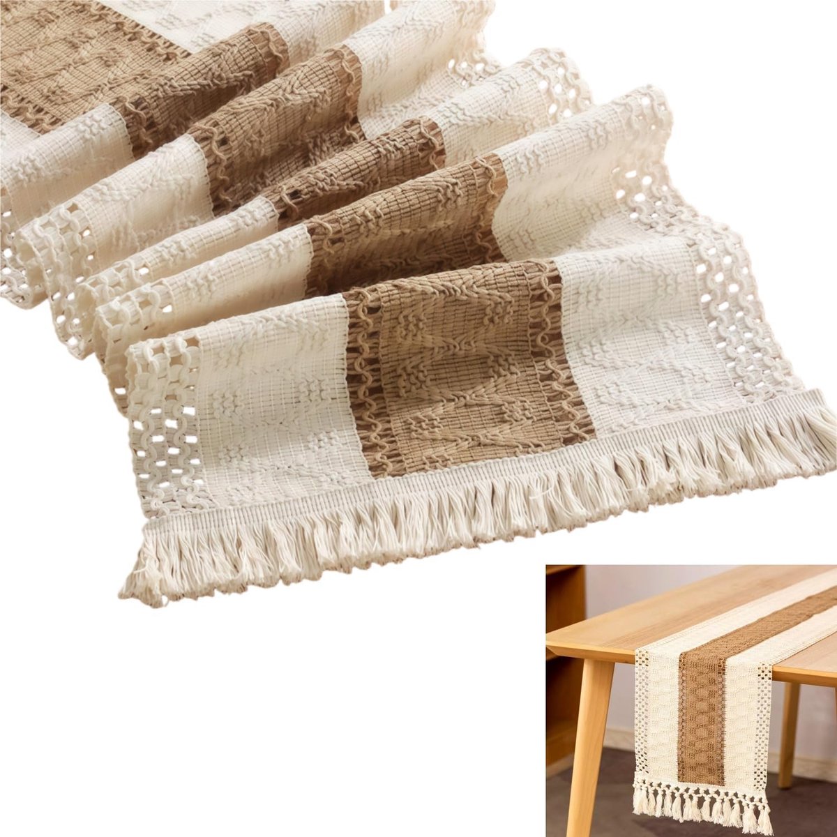 Tafelloper met kwastjes, tafelloper, boho, elegant, holle mesh tafelkleed, Boheems, modern, met kwastjes, tafelkleed, tafelloper, voor bruiloft, eettafel, decoratie, feest, verjaardag, 30 x 120 cm