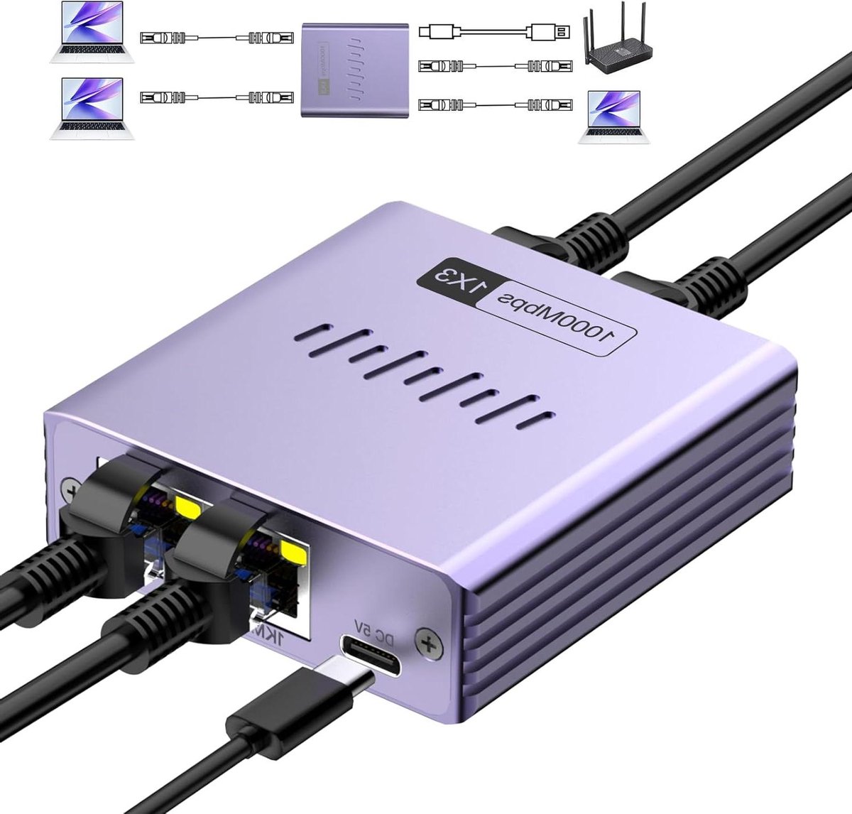 Ethernet Splitter - Netwerk Adapter - Internet Verdelen - 1 tot 3 Poorten - 1000 Mbps - Aluminium