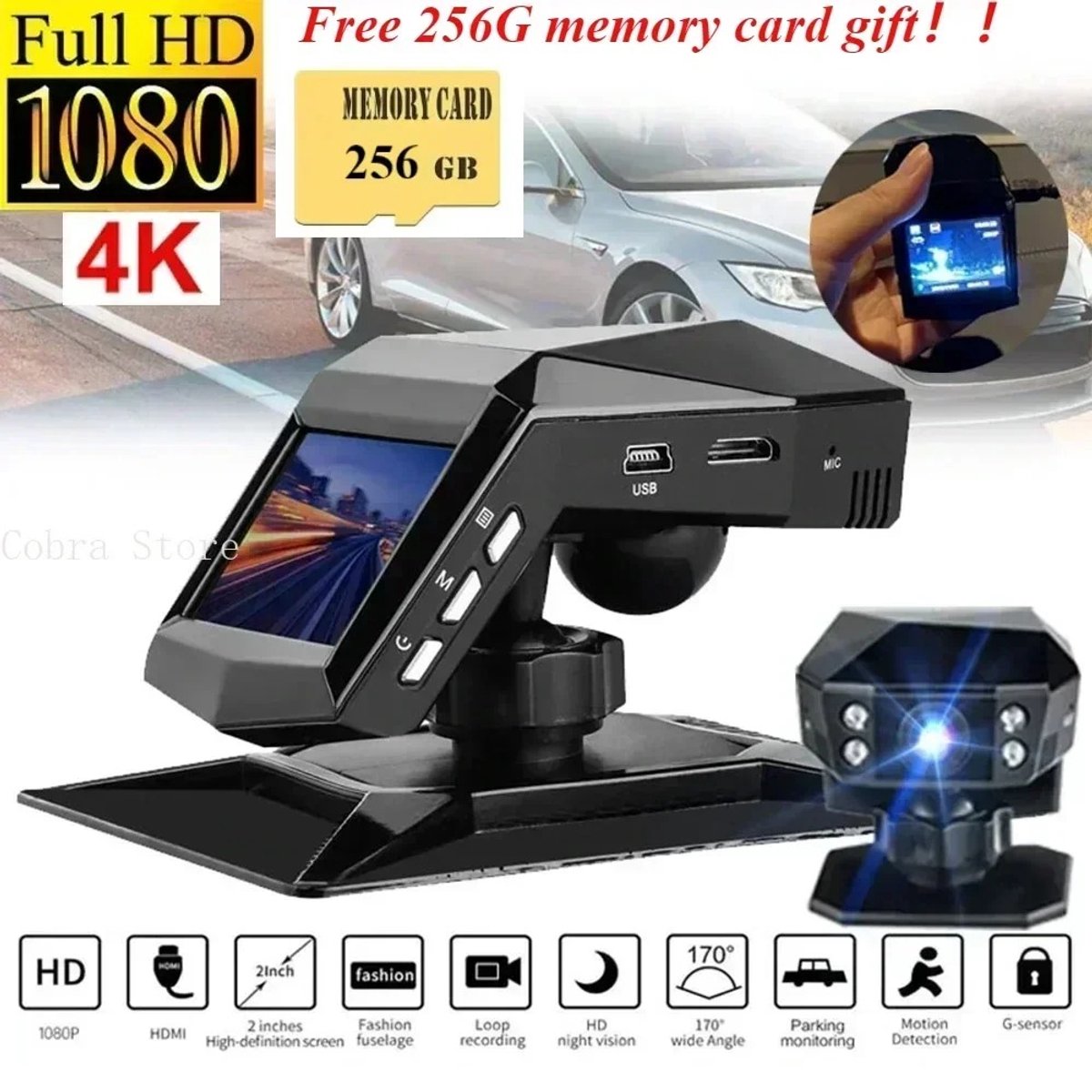 Archi Dashcam Full HD – Recorder - 170° Groothoeklens – Nachtzicht - Opname - Parkeerbewaking en Bewegingsdetectie