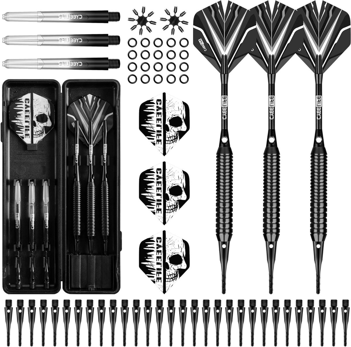 Professionele softtip dartset met opbergkoffer, 3 zwarte dartpijlen, extra schachten en flights voor optimaal speelplezier en precisie