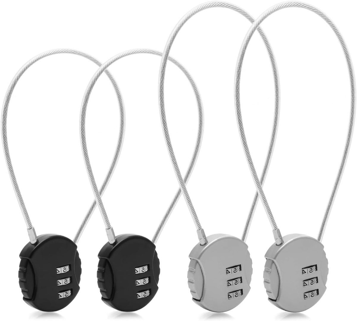 Veiligheidslot Set van 4, 3-cijferige Kabelslot met Codes voor Koffers, Sporttassen en Meer