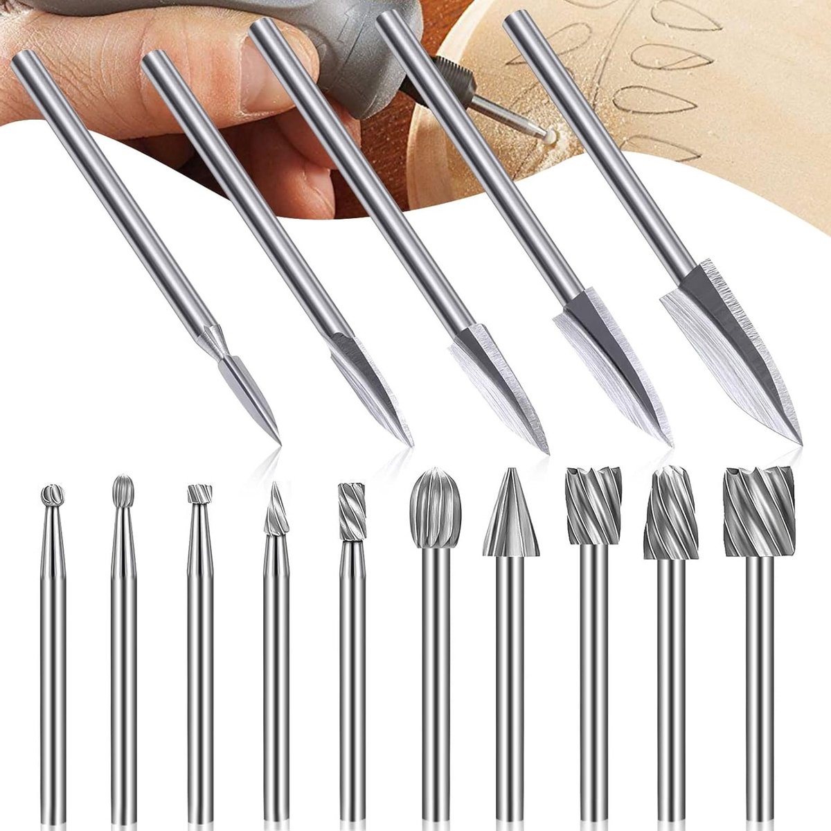 15-delige carbide freesbit set voor houtbewerking, graveren, boren en sculpturen met 3mm schacht, geschikt voor multifunctionele gereedschappen