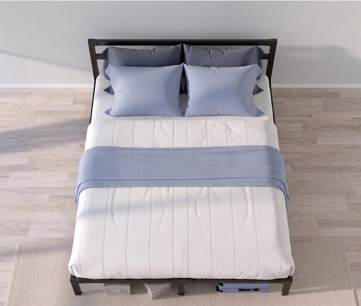 Bed 200 x 200 met lattenbodem van metaal, bedframe 200 x 200 voor matras, hoogte 35 cm, grote opbergruimte, gemakkelijk te monteren en stabiel, zwarte lattenbodem-NoviHome