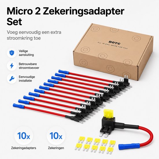 Een doos met 10 rode zekeringaftakkers met blauwe eindkappen en 10 gele zekeringen, naast een enkele zekeringaftakker.