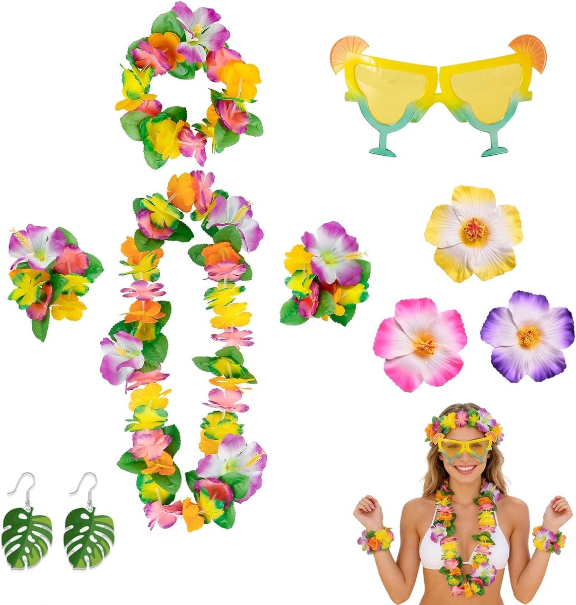 Kleurrijke Tropische Dames Set 10-Delig – Perfecte Accessoires voor Zomerfeesten, Carnaval en Thema-Party’s
